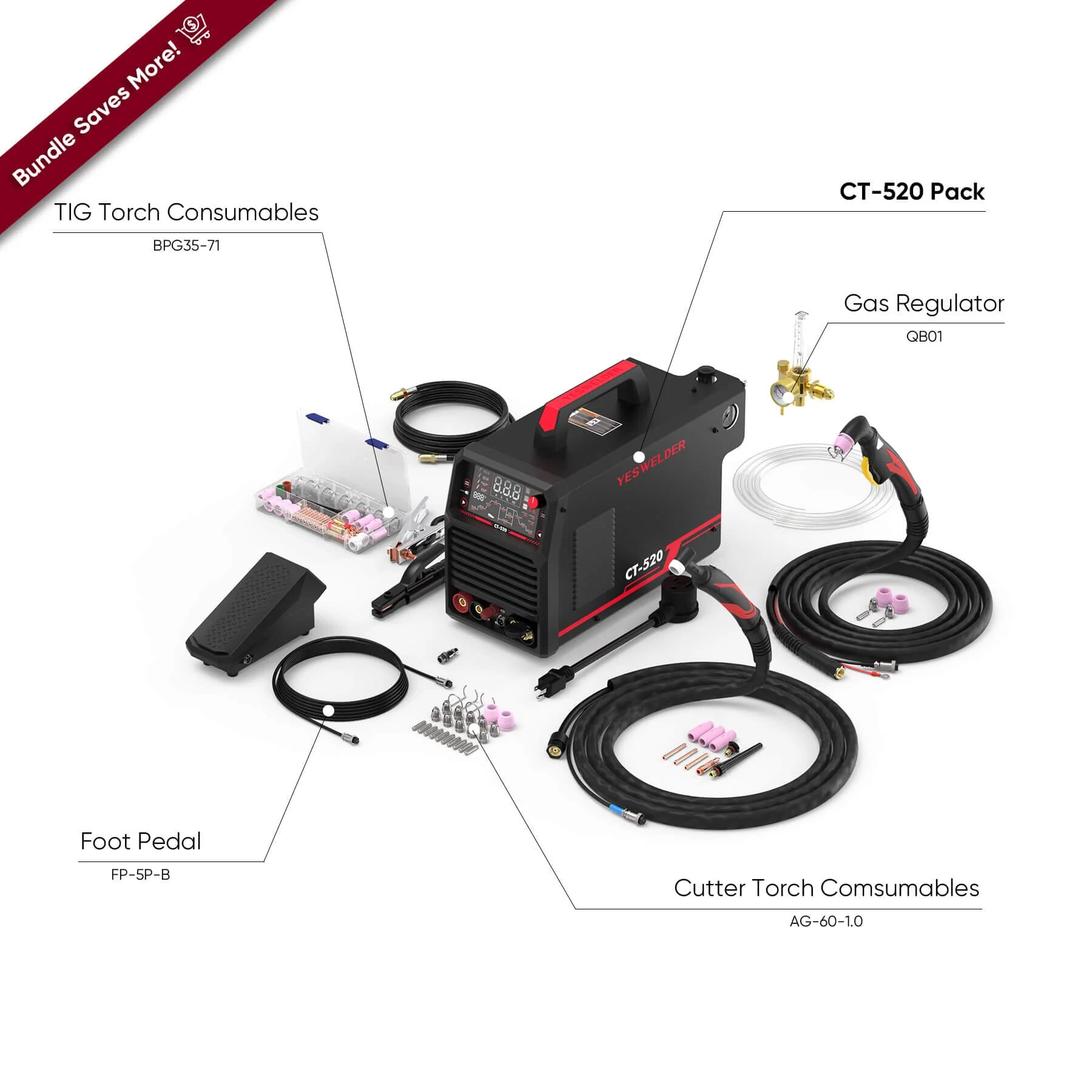 CT-520 Welder & Plasma Cutter | HF TIG, Pulse TIG, Stick, CUT | 200A Multi-Process Welding Machine - Image 9